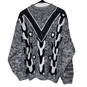 Street Scenes Vintage Chunky Knit Sweater Leather Patch Black White‎ Mens Medium